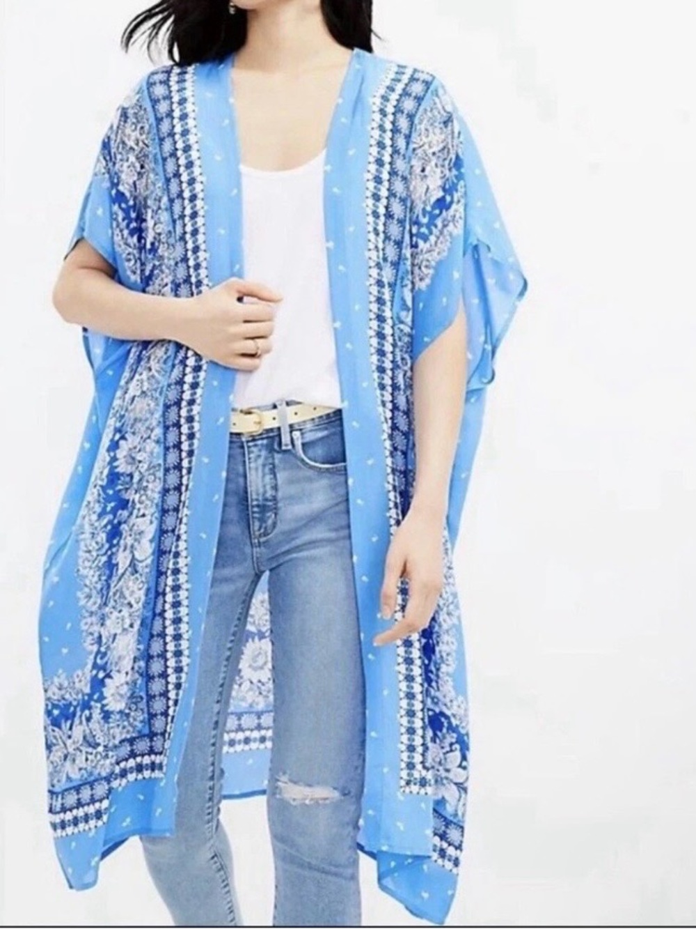 Ann Taylor Loft Sz XS / S  Light Blue Floral Kimono Jacket Coverup
